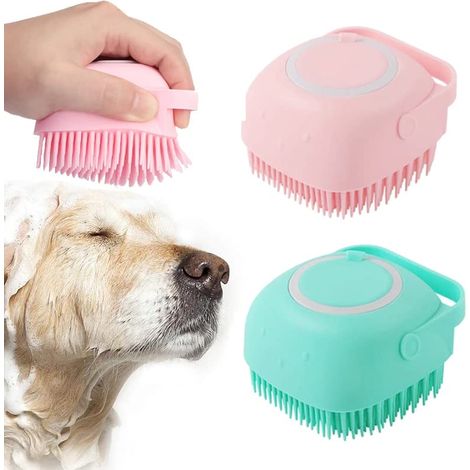 Brosse de bain pour chien en silicone souple, distributeur de shampoing pour animaux, massage sous la douche, pour chiens et chats à poils courts et longs, bleu et rose, lot de 2. (1/5)