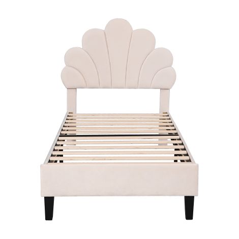 Polsterbett Doppelbett, Bettrahmen mit blumenförmigem Kopfteil und Lattenrost, Erwachsenen-Jugendbett in hautfreundlichem Samtstoff (1/5)