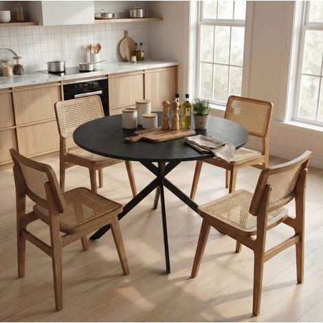 Mesa de comedor redonda para 4 personas de madera y acero, Ø 100 x 75 cm, estilo industrial, negra (1/5)