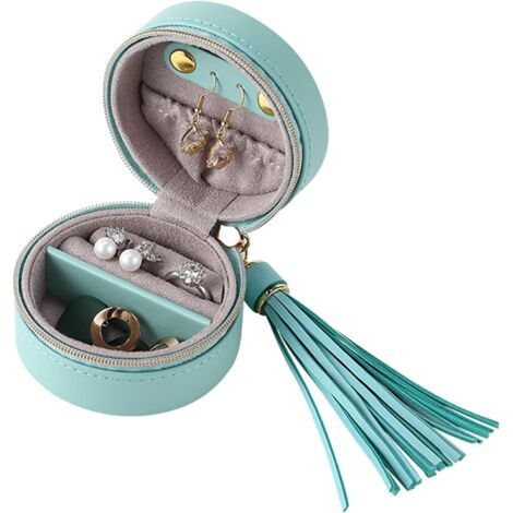 PA Tragbare Reise-Schmuckschatulle, rund, Leder, Mini-Schmuck-Organizer, Reise-Organizer mit Reißverschluss, Präsentationsbox für Ohrringe, Halsketten, Armbänder (1/5)