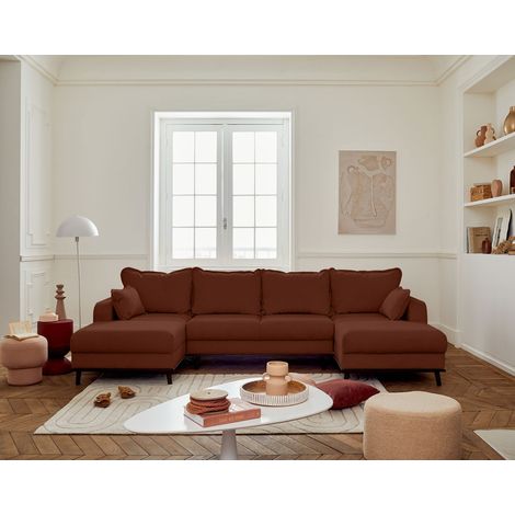 Albane - 7-sitzer wohnlandschaft in u-form - mit schlaffunktion und bettkasten - aus cord - rostfarben (1/5)