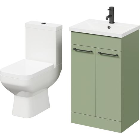 Wholesale Domestic Turin Olive Green 500mm Floor Standing Vanity Unit and Toilet Suite with 1 Tap Hole Basin and 2 Doors with Matt Black Handles (1/5)