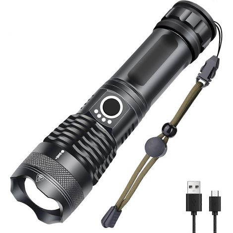 Lampe torche LED rechargeable USB XHP50 ultra-puissante de 1000 lumens, 5 modes d'éclairage, étanche IP65, zoom militaire pour le camping et la randonnée (batterie rechargeable 18650). (1/5)