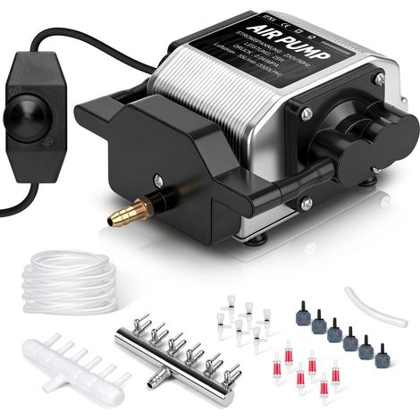 Pompe à Air 25W 3300L/H pour Aquarium / Bassin, avec 6 Diffuseurs d'air 45kPa, 6 Sorties, 48dB Moteur en Cuivre Double Canal, Aérateur Réglable Pompe à Oxygène en Aluminium pour étangs et élevage