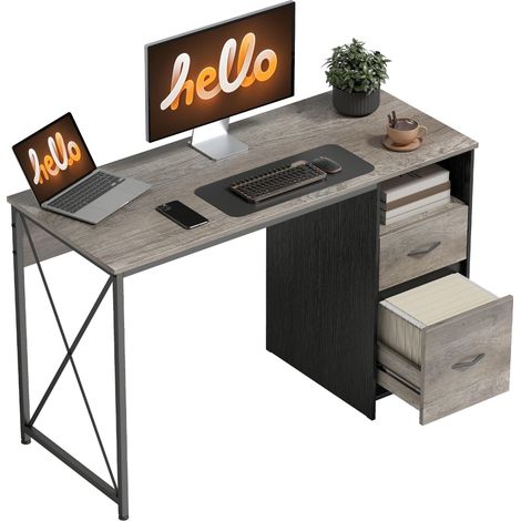 Bureau informatique industriel 120x50cm avec cloisons et 2 supports, adapté aux ateliers, gris clair. (1/5)