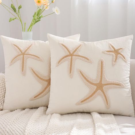 CCYKXALot de 2 Lot de 2 Housse de Coussin d'Été 45 x 45 cm Taie d'oreiller Étoiles de Mer Brodées Océan Plage Décoration Brodée pour Jardin Balcon Canapé (1/5)