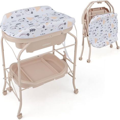 COSTWAY Baby Wickeltisch mit Badewanne, tragbare Wickelkommode mit PVC-Auflage, Badewanne, Ablagefach, klappbare Wickelstation mit 4 Universalrädern für Neugeborene und Kleinkinder (Beige) (1/5)