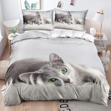 Bettwäsche-Set 220x240 cm 3-teilig mit Katzenmotiv, 3D-Druck, Mikrofaser, Reißverschluss