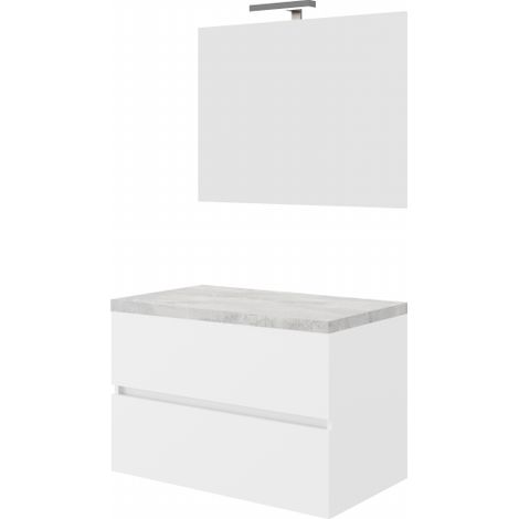 Mueble de baño suspendido de 80 cm en madera blanca brillo y tapa de hormigón con lavabo y espejo - Civo - Con specchio e lavabo rettangolare