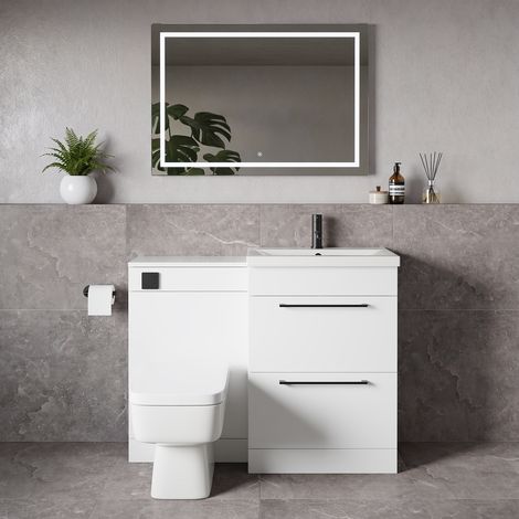 Napoli 390 Gloss White 1100mm 2 Drawer Vanity Unit Toilet Suite with Glide Basin - 1100mm - Matt Black 320mm HandleWith Kingston Toilet Pan and Seat