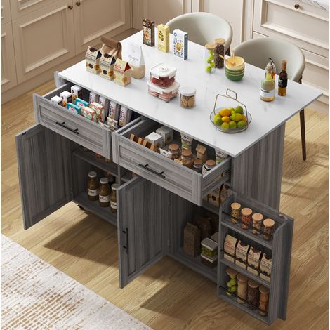 Servierwagen 129x46x91.5 cm grau-weiß aus MDF mit ausklappbarer Platte, Rädern, Schubladen und verstellbaren Böden (1/5)