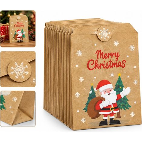 24 Enveloppes Cadeaux Noël en Papier Kraft, 12.6×15.5 cm, avec Autocollants, Petits Sacs Cadeaux (1/5)