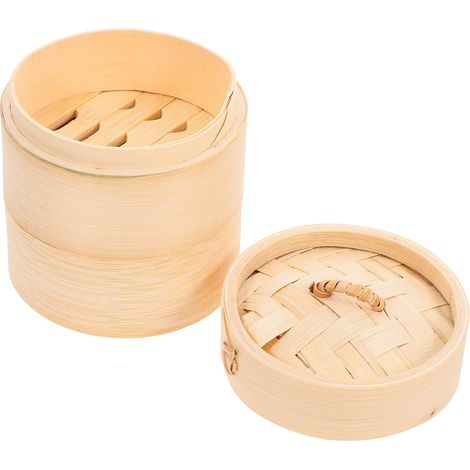 Ensemble de 3 paniers vapeur ronds de 10 cm avec couvercle - Paniers vapeur réutilisables pour dim sum et raviolis asiatiques (1/5)