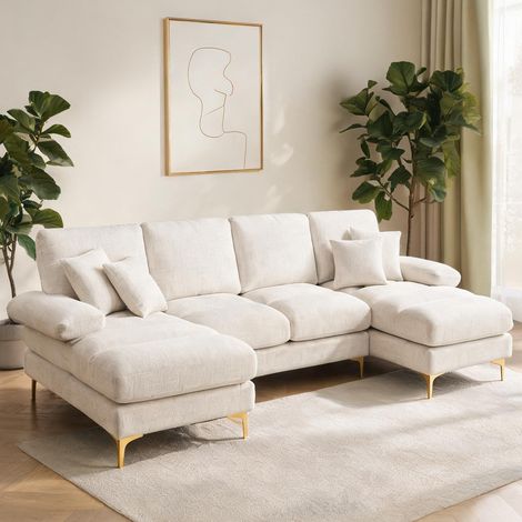 Canapé d'angle U en tissu chenille beige avec méridienne 4 places (1/5)