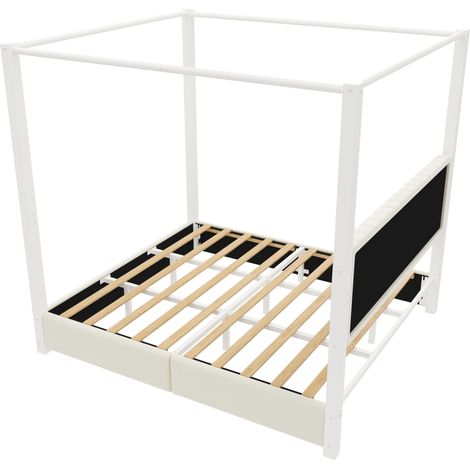 Letto a baldacchino imbottito 180x200 cm con testiera e struttura in metallo beige e bianco MODENUIT (1/5)