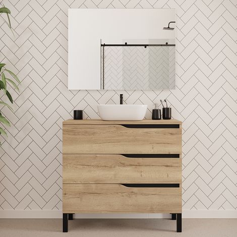 Meuble de salle de bain 90cm avec plateau et vasque à poser zeus - 3 tiroirs - madera miel (chêne clair) - MATA (1/5)