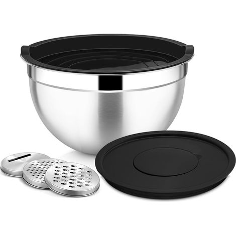 Saladier mélangeur en acier inoxydable de 4,5 l avec couvercle hermétique et couvercle amovible, bols avec 3 râpes pour pâtisserie, cuisiner/préparer, passe au lave-vaisselle, noir (1/5)