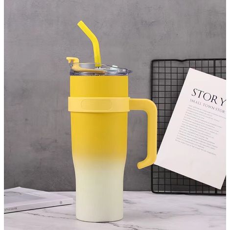 Gobelet isotherme jaune de 1250 ml (40 oz), élégant et de grande capacité, idéal pour les activités de plein air, avec paille intégrée et fixation po (1/4)