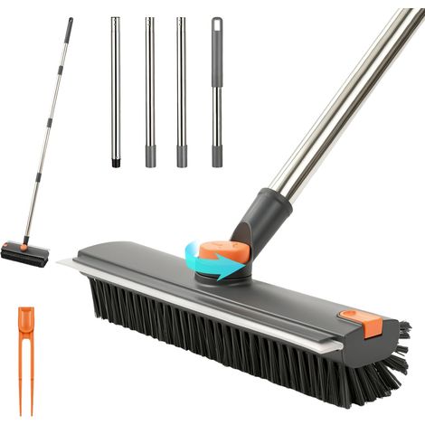 Brosse à Coulis avec Long Manche, Brosse à Récurer 2 en 1 avec Raclette, Brosse Pivotante à Poils Rigides, pour Carrelage et Joints de Sol, Salle de Bain Douche Patio Terrasse Cuisine, Gris (1/5)