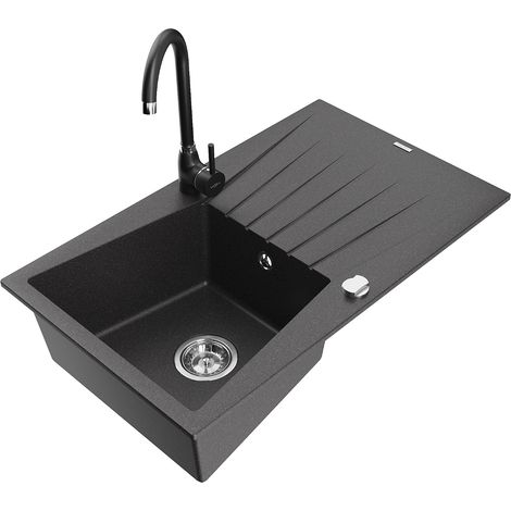 Mexen Cesar fregadero de granito de 1 compartimento con escurridor y grifo de cocina Telma, negro moteado - 6514-76-670200-70 (1/5)