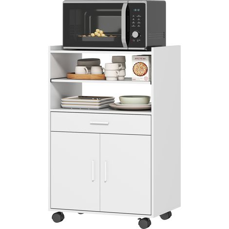 Armoire micro-ondes sur roulettes, meuble de rangement blanc, double porte avec tiroir, étagère cuisine, buffet mobile, casier avec roues, 2 portes et 1 tiroir (1/5)