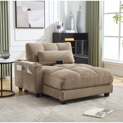 Fauteuil relax inclinable avec USB, 3 porte-gobelets et poche latérale, tissu côtelé beige DESVIAE (1/5)