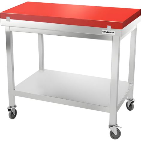 Table de travail en inox 1000x600 mm avec plaque de découpe rouge sur roulettes PREMIUM - GOLDINOX (1/4)