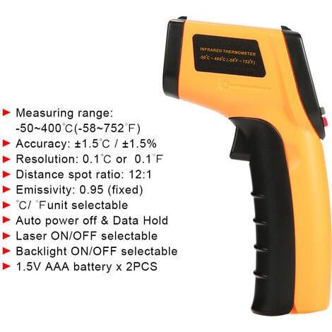 Pistolet thermomètre infrarouge (-50 °C à 400 °C), pistolet de température laser sans contact avec écran LCD pour cuisson/barbecue/four à pizza/sencha/réfrigérateur/voiture (1/3)