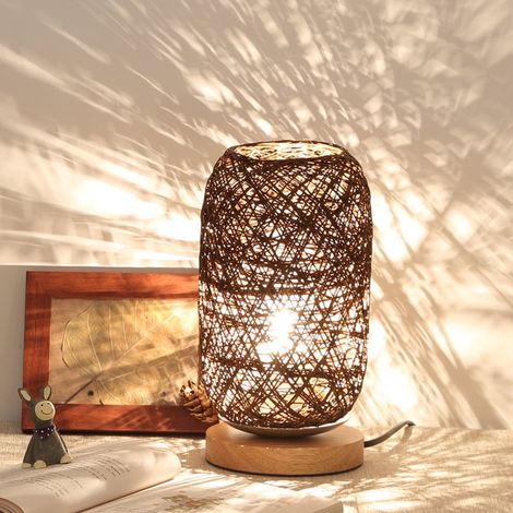 Lampe De Bureau - Lampe À LED En Rotin Et Corde De Chanvre - Base En Bois Massif - Chargeable Par USB - 14x12x23 cm - 1 Pièce (1/2)