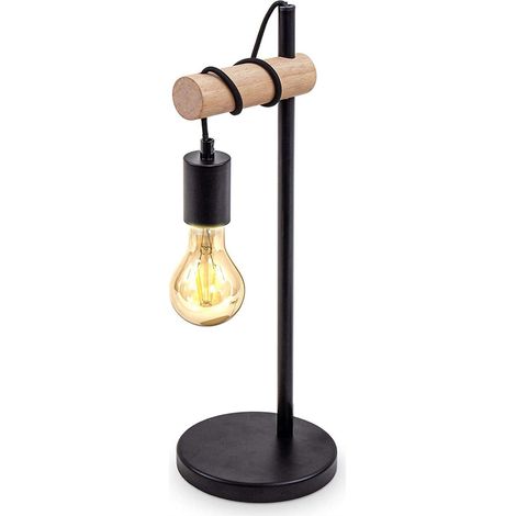Lampe de bureau, lampe de lecture design vintage, bois et métal, éclairage de bureau et de chambre, lampe de chevet, pour ampoule LED E27 10 W max (ampoule non incluse) (noir) (1/5)