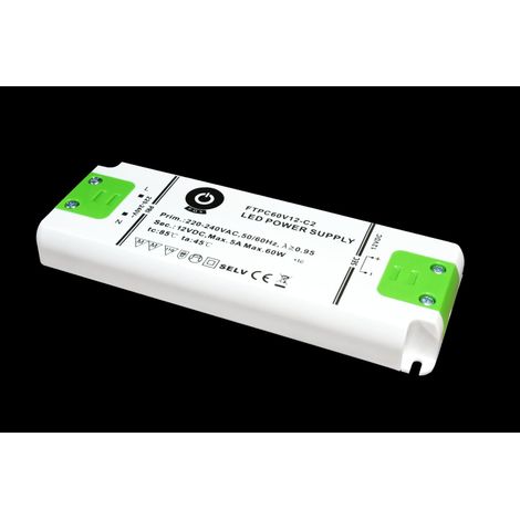 FTPC60V12-C2: Fuente de alimentación LED 12 V/5 A CV, carcasa de plástico compacta, ultradelgada 160 x 58 x 18 mm