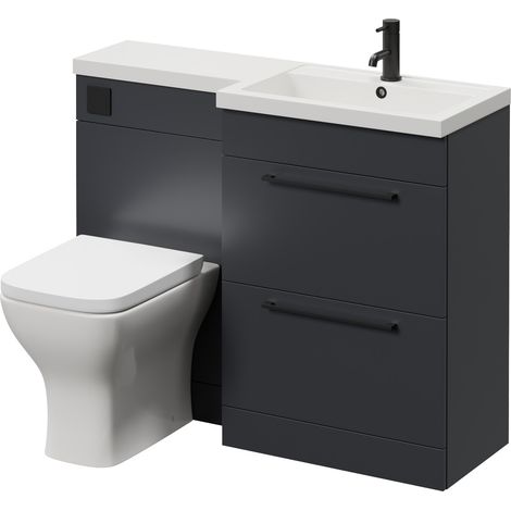 Napoli 390 Gloss Grey 1100mm 2 Drawer Vanity Unit Toilet Suite with Square Right Hand Lucia Basin - 1100mm - Matt Black 320mm HandleWith Kingston Toilet Pan and Seat