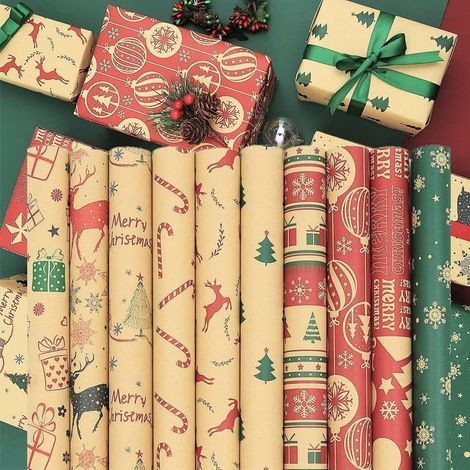 10 Feuilles Papier D'emballage De Noël, 70cm x 50cm Papiers Cadeaux Kraft Recyclés Feuilles De Papier à Motif De Canne De Noël Flocon Neige Wapiti pour L'emballage Cadeau De Noël (10 Couleurs) (1/5)