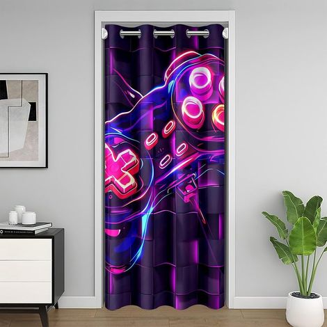 Jeu de Joueur Rideau Porte Entrée Enfants Garçons Adolescents Noir Violet Rideau de Porte,Jeu Géométrie 86x203 Rideau Occultants Jeu Rideau de Porte Abstrait Néon Futuriste Cube Placard Rideau - 86x20 (1/5)