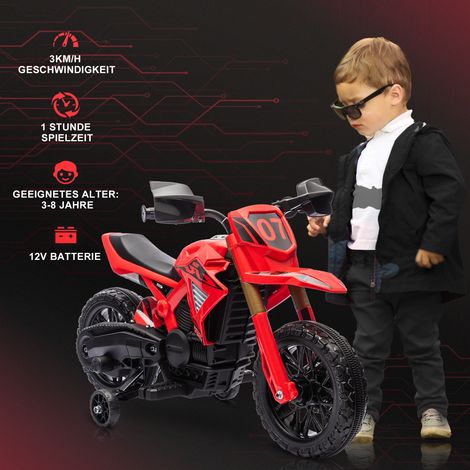 Moto enfant électrique 6V rouge avec stabilisateurs, klaxon et bruit moteur, pour garçons et filles de 3 à 8 ans