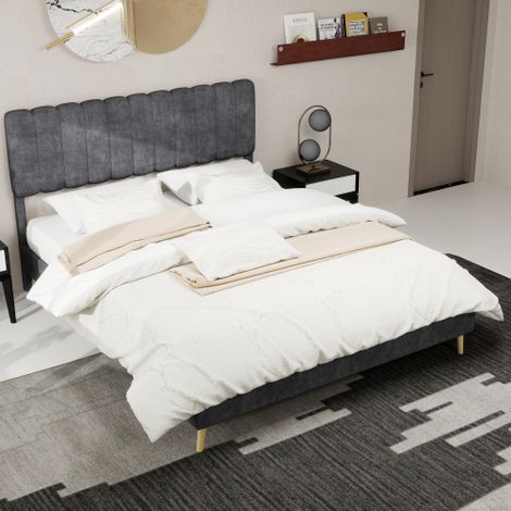 Lit adulte - lit 160x200 cm - tête de lit douce et sommier à lattes - couleur gris - en métal - sans matelas (1/5)