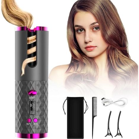 Fer à friser automatique rechargeable par USB rose pour cheveux longs boucleur électrique portable pour créer des boucles facilement (1/5)