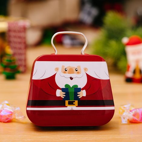 Christmas tote tin box with Santa Claus design, tin gift box for candy and cookies, holiday souvenir.
