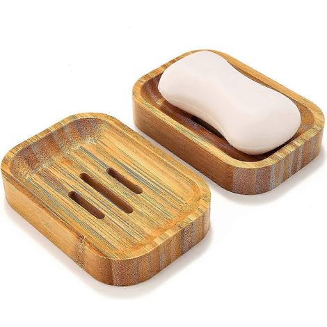 Ensemble de 2 porte-savons en bambou naturel pour salle de bain et cuisine, accessoires de rangement pour éponges (1/5)
