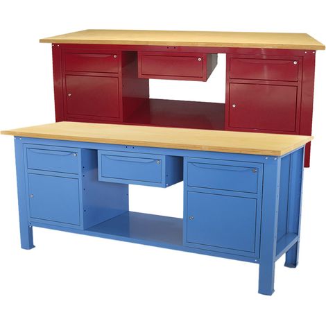 Banco lavoro SOGI 2m con piano in legno + 2 armadi con anta e cassetto + 1 casssetto - blu/rosso, ColoreBlu (1/5)