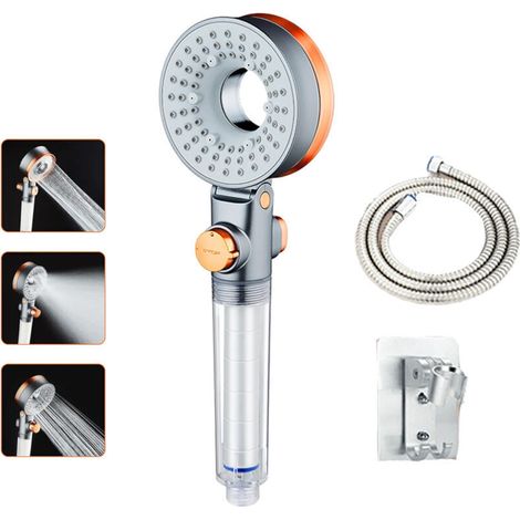 Cabezal de ducha antical y ahorrador de agua con filtro, 3 tipos de chorro, manguera flexible y soporte incluidos. (1/4)