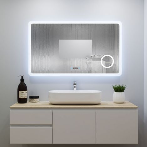 Miroir salle de bain avec éclairage + miroir mural cosmétique lumineux + 3couleurs LED réglables + anti-buée + Miroir grossissant + Horloge numérique 100x60cm (1/5)