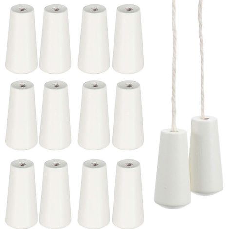 Lot de 12 pompons en bois blanc pour stores vénitiens, avec cordons de rechange et boutons de suspension. (1/2)