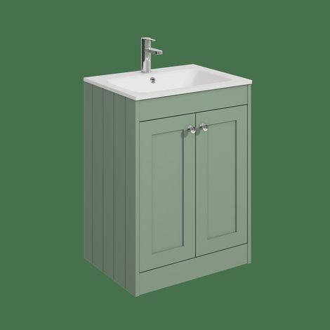 Balterley Butterton 600mm Floor Standing 2 Door Unit with Stone Basin 1 Tap Hole - Satin Green