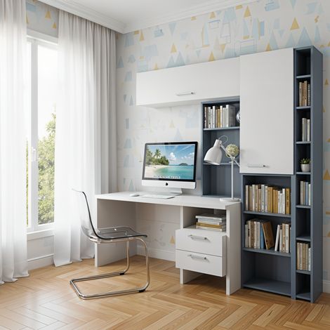 Angolo studio multifunzionale con libreria a profondità variabile e cassettiera integrata - Bianco e Avio