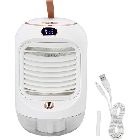 Mini-Klimaanlage mit Luftbefeuchter, Aromatherapie, 3 Geschwindigkeitsstufen, 5 Flügeln, USB-Ladefunktion, Nachtlicht und Wasserkühlung (weiß)