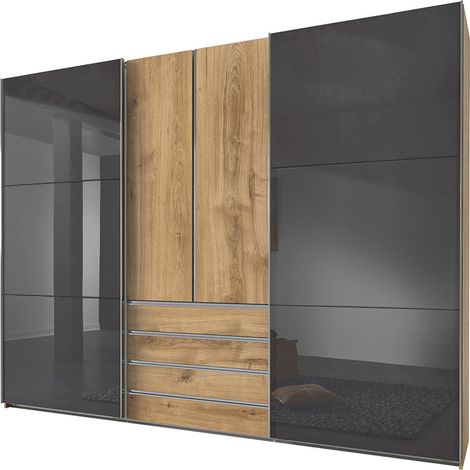 Kleiderschrank 300cm breit Eiche mit grau Glasfront, MIDLAND-43 (1/3)