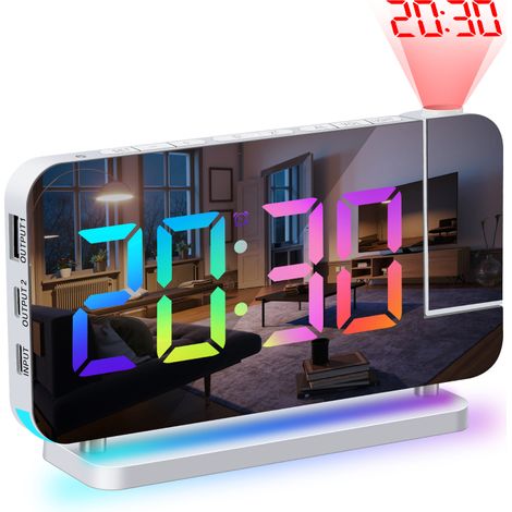 7-Zoll RGB-LED-Projektorwecker, Spiegeloberfläche, 6-stufiger Dimmer, USB-Ladegerät, Schlummerfunktion, 12/24-Stunden-Timer, 11 Farben, 180°-Projektion.