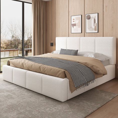Lit capitonné, lit double, 180 x 200 cm, sommier à lattes, tête de lit capitonnée, beige (1/5)