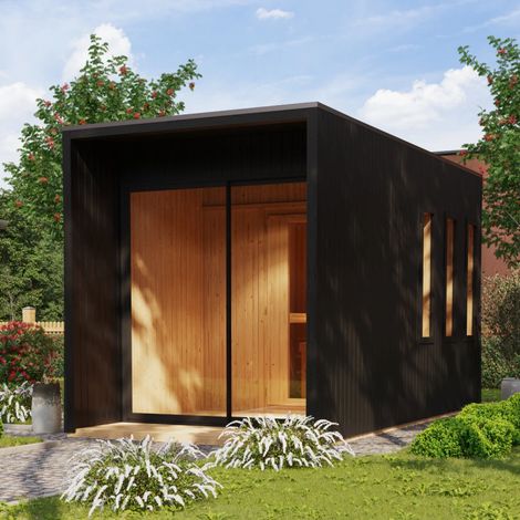 Sauna Extérieur Miramar Noir 3-6 Places 204x204cm Poêle 9kW Karibu